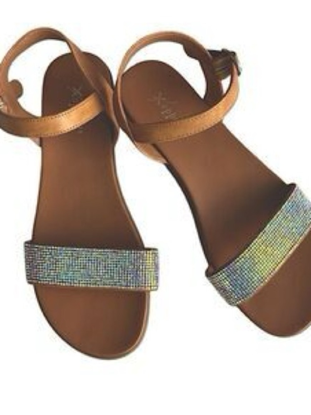 Women's Tan Ankle-Strap Sandals with Iridescent Front Band